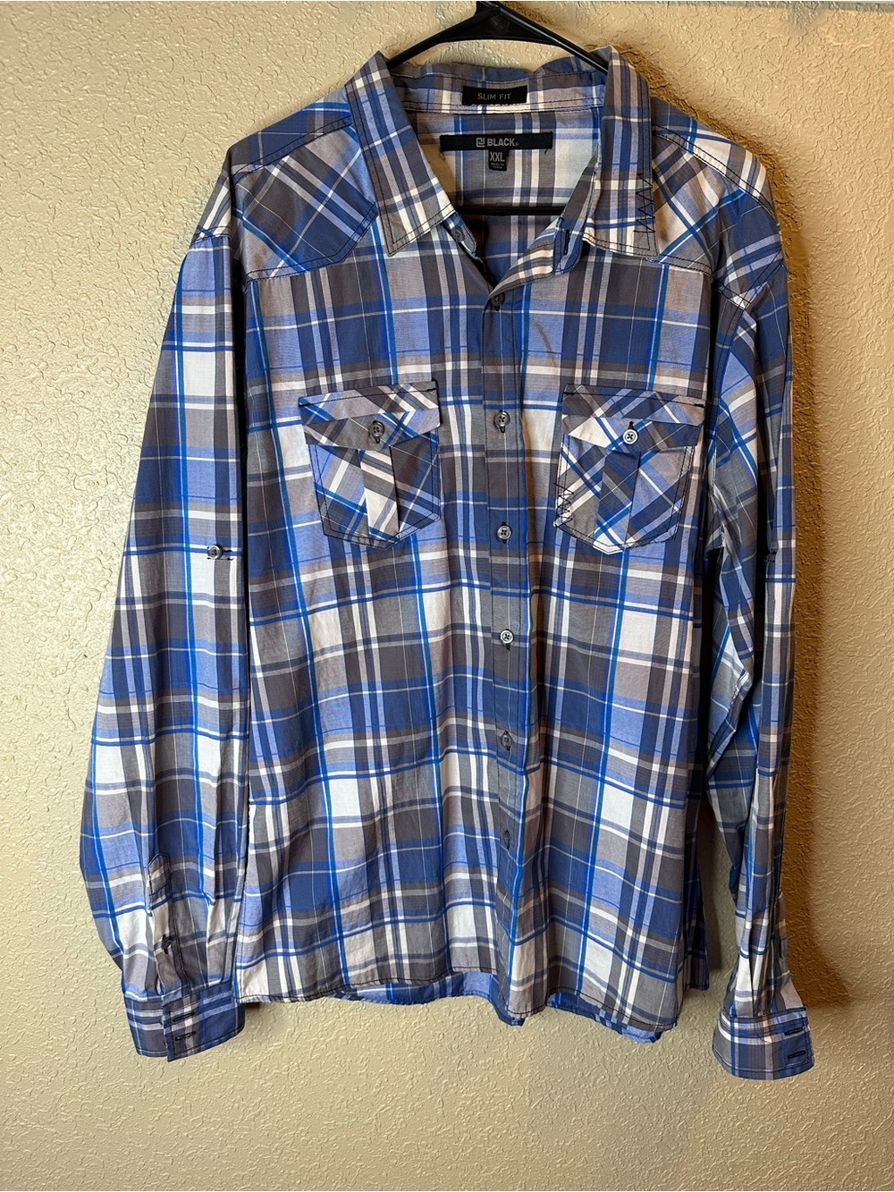 Black Brand Plaid Button-Down Shirt in Blue and Gray